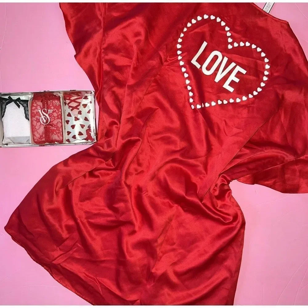 Victoria's Secret S,M thong lot+ROBE RED white pink black HEART LOVE Valentine